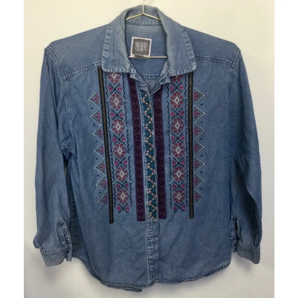 Vintage embroidered‎ Women's Sigrid Olsen Denim Shirt S Blue